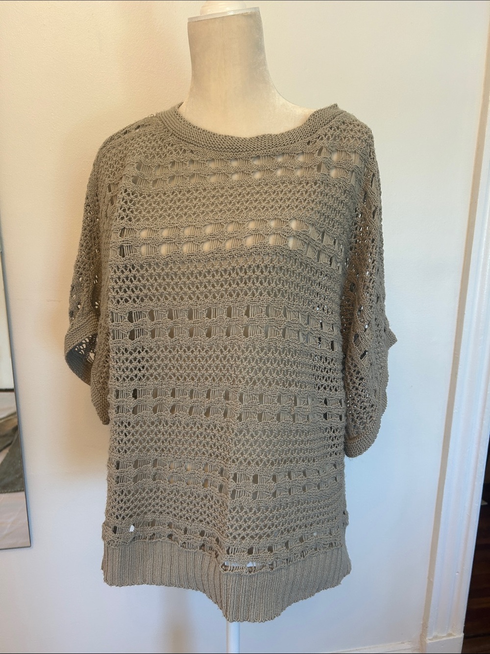 Relaxed Open-Weave Taupe Knit Poncho Sweater